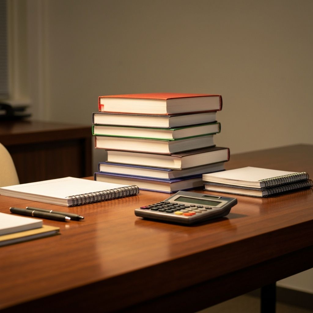 Academic study materials — textbooks, notebooks and stationery arranged on a desk representing professional tutoring